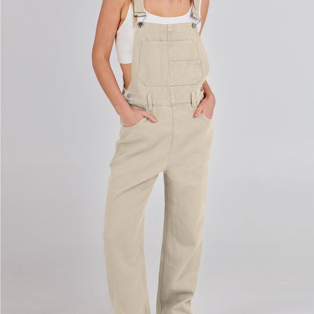 Loose Fit Beige Denim Overalls Jean Jumpsuit Bib Romper Women’s XL - Picture 2 of 14